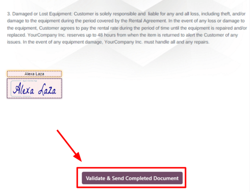 The validate and send completed document button in the Odoo Rental application.