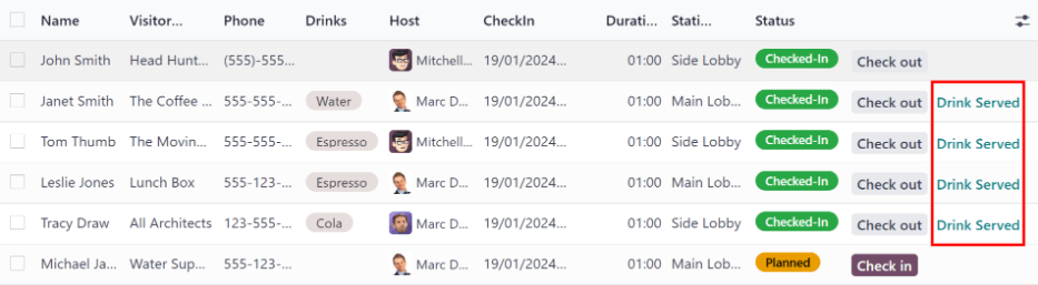 The full list of currently checked in visitors, with the drinks to be served highlighted.