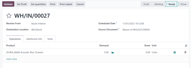 Warehouse operation after a return has been confirmed in Odoo Sales.