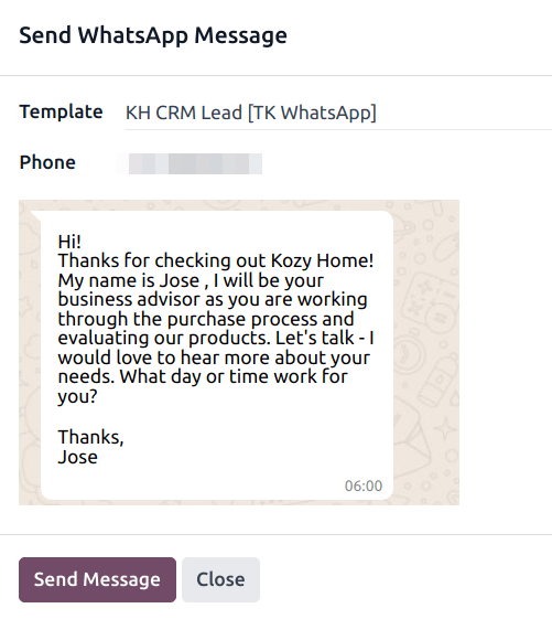 A send WhatsApp message pop-up window.