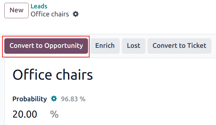Schaltfläche zur Erstellung einer Verkaufschance auf einem Lead-Eintrag.
