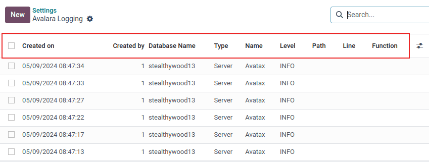 Avalara logging page with top row of list highlighted.