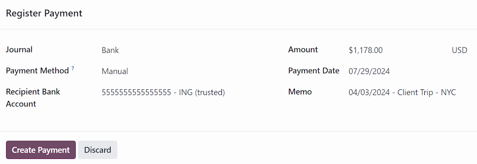 Das aufgefüllte Pop-up-Fenster „Zahlung registrieren“ für eine Erstattung einer einzelnen Spesenabrechnung.