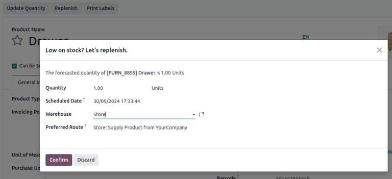 Pop-up-Fenster „Auffüllen“ auf dem Produktformular.