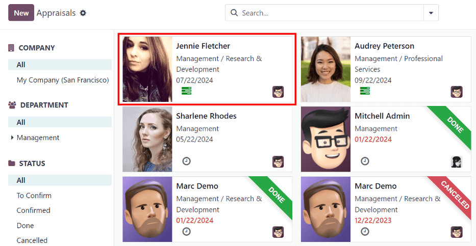 El tablero de la aplicación Evaluación con cada evaluación en su propia caja.