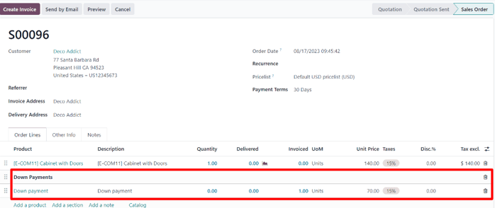 La sección de anticipos en la pestaña de las líneas de la orden en la orden de ventas.