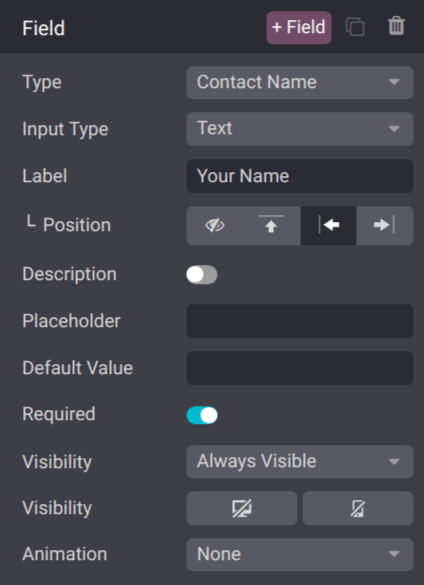 La configuración de los ajustes de un campo del sitio web de Odoo.
