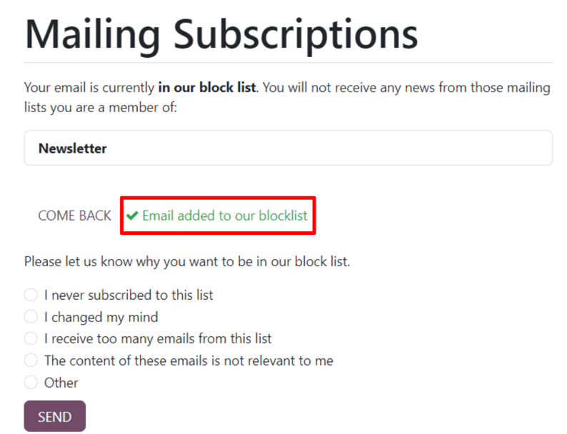La pregunta de lista de bloqueo en la página de Suscripción a correo electrónico que los destinatarios.