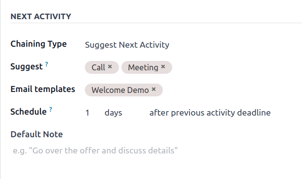 La sección Siguiente actividad en un formulario de nuevo tipo de actividad.