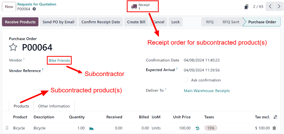Una orden de compra del subcontratista para un producto con ruta *Enviar al subcontratista al ordenar*, con el botón inteligente Recepción en la parte superior de la página.