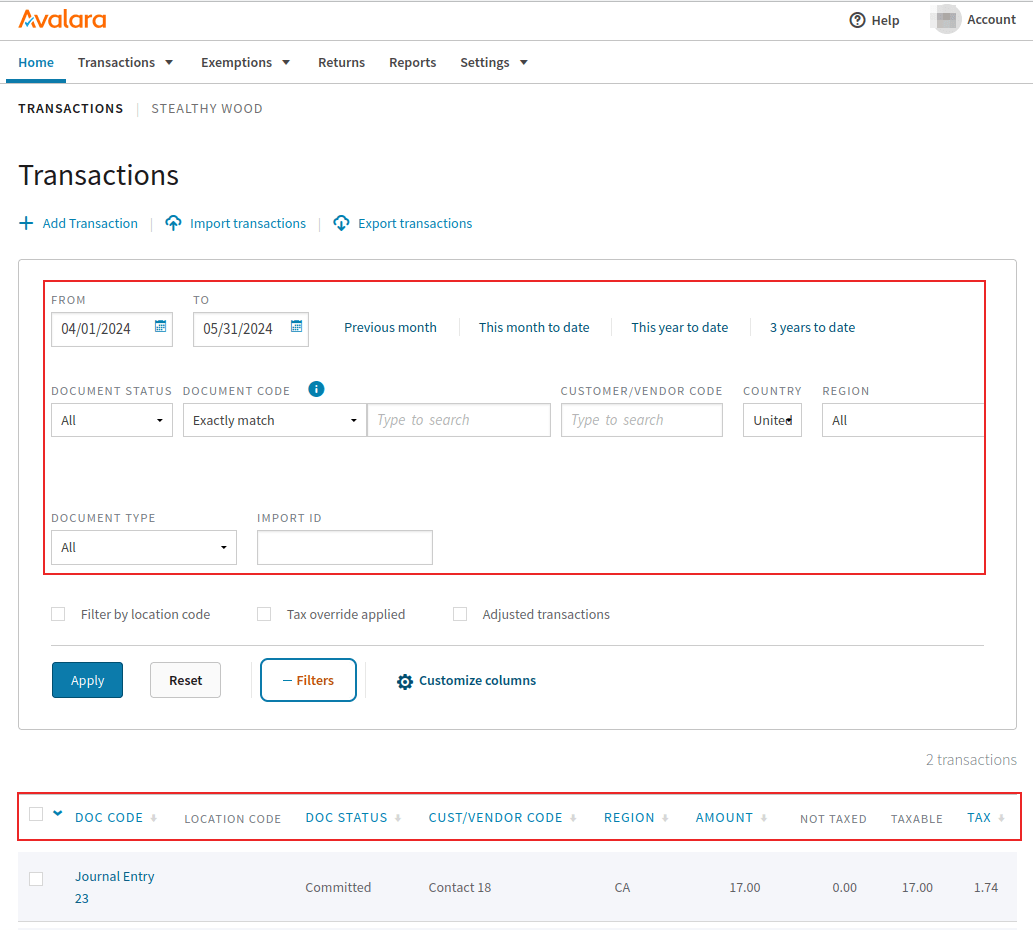 Transactions page on the Avalara portal with the filter and sort-by options highlighted.