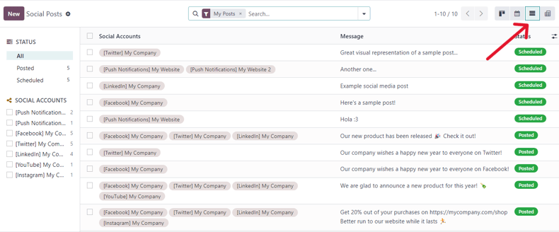 Vista de la opción de lista en la página de publicaciones en la aplicación Marketing social de Odoo.