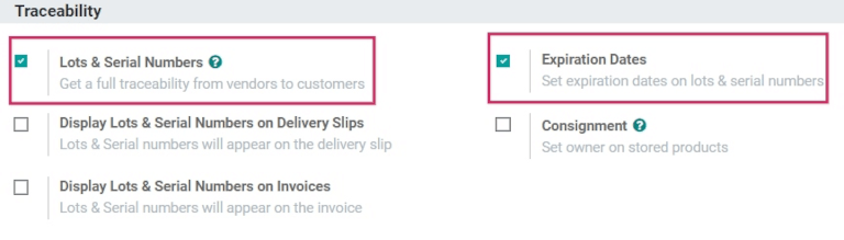 Les paramètres lots et numéros de série et dates d'expiration activés.