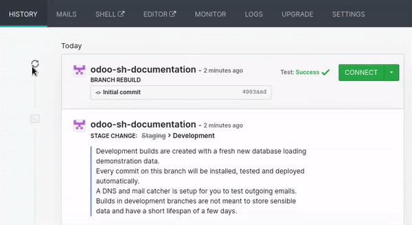 The branches' history tab