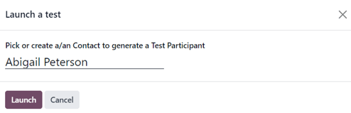 Fenêtre contextuelle permettant de lancer un test dans Odoo Marketing Automation.