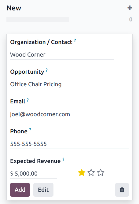 Pipeline CRM dengan peluang yang baru dibuat.