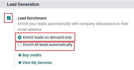 Halaman pengaturan pembuatan lead CRM, dengan pengaktifan pemerkayaan lead dihighlight, dan perkaya lead hanya saat diminta dipilih.