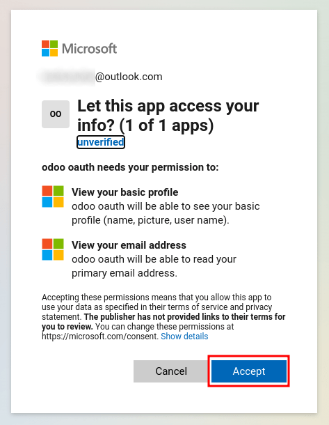 Schermata per l'accettazione delle condizioni Microsoft per accedere alle informazioni dell'account.