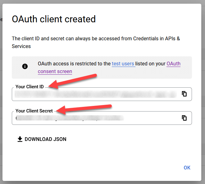 ID client e Client segreto per Google OAuth.