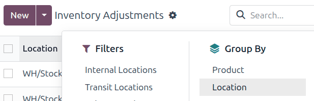 Filters and Group By menu on Inventory Adjustments page.