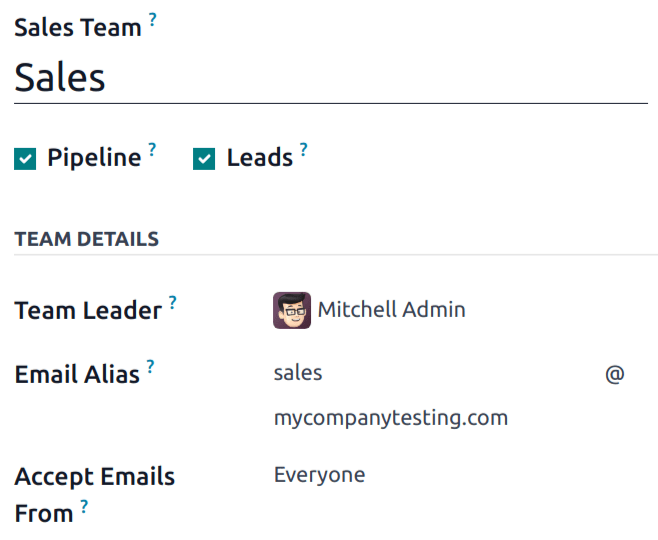 La pagina dei dettagli del team di vendita, con particolare attenzione alla sezione degli alias e-mail.