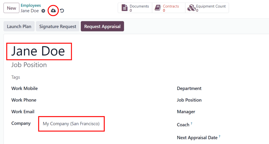 A new employee form with the required fields highlighted.