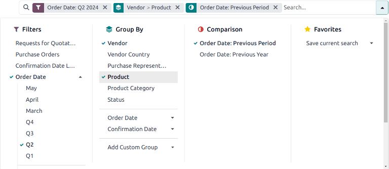 The drop-down menu of filters, group by and comparison options for the vendor costs report.