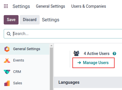 Vista pagina impostazioni che mette in risalto Il campo gestisci utenti in Odoo.