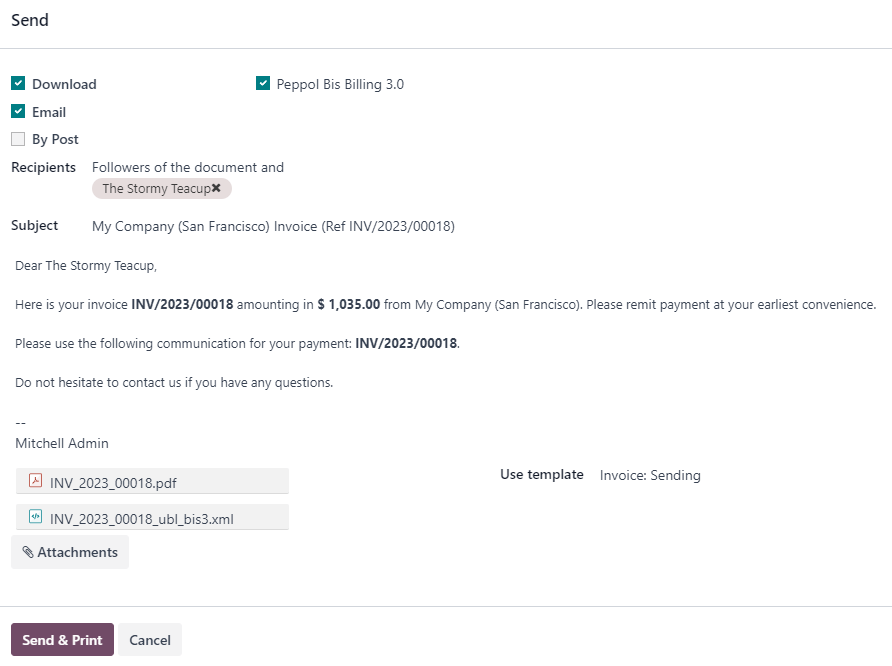 L'opzione Peppol è selezionata e un file XML di fatturazione elettronica è allegato all'e-mail.