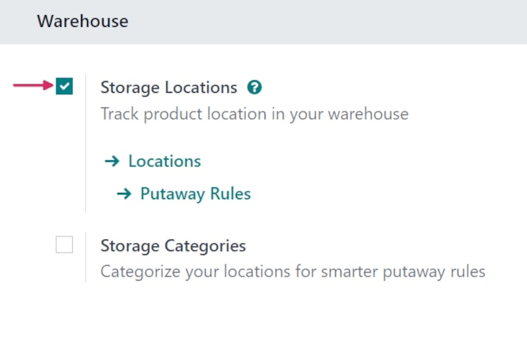 Enabled Storage Location setting in Inventory app settings.