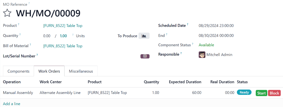 "計画" をクリックすると、"代替組立ライン" で作業オーダが再スケジュールされます。
