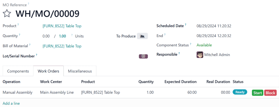 "計画" をクリックする前に、作業オーダは "メイン組立ライン" でスケジュールされます。