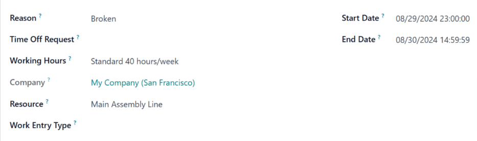 "リソースの休止" フォーム