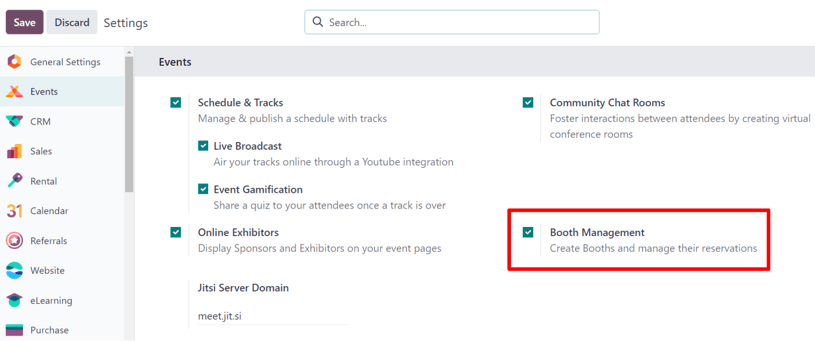 Odoo 행사 애플리케이션에 있는 부스 관리 설정입니다.
