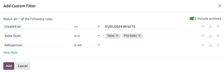 모든 규칙이 설정되어 있는 사용자 지정 필터 팝업창의 예시입니다.