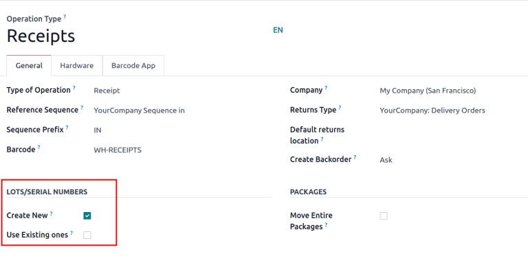 입고 작업 유형에서 "새로 만들기" 옵션이 선택된 것을 보여줍니다.