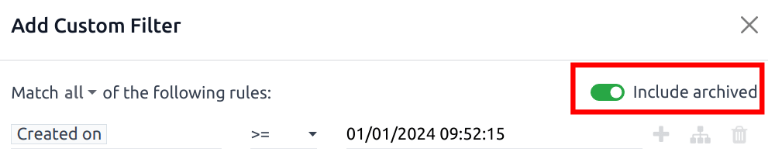 사용자 지정 필터 팝업이 추가되어.보관된 항목 외 토글이 강조되어 있는 모습입니다.