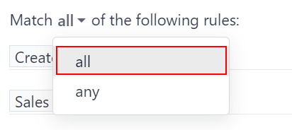 일치하는 모든 규칙 옵션이 사용자 지정 필터 추가 팝업창에서 확대되어 있는 모습입니다.