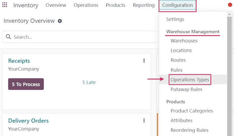 Operations Types highlighted from the Configurations submenu in the Inventory app.