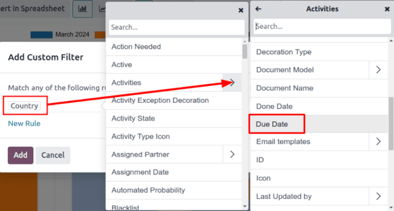 Aangepaste filter pop-up met nadruk op de opties voor activiteiten en vervaldatum.