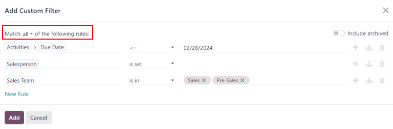 Een voorbeeld van het Custom Filter pop-up venster met alle regels geconfigureerd.