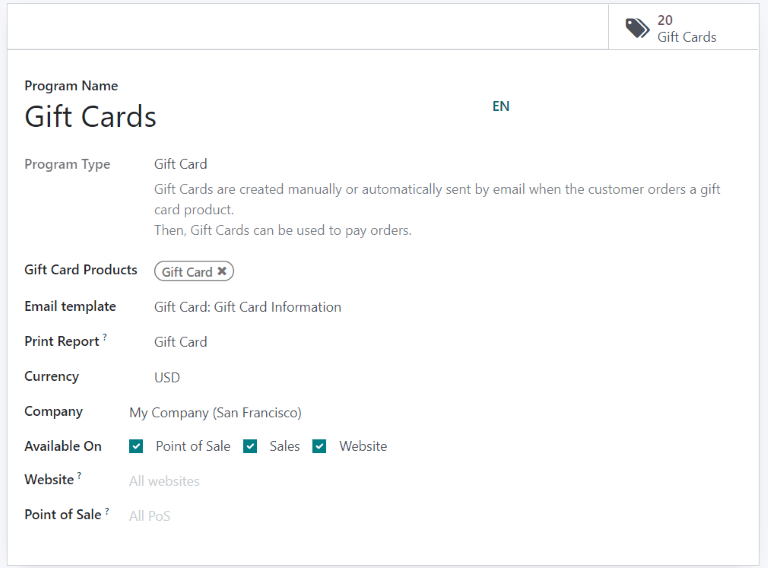 Cadeaubon programma configuratie pagina