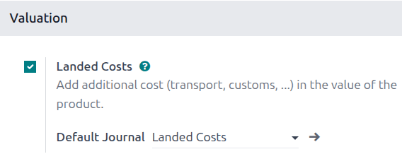Landed Costs feature and resulting Default Journal field in the Inventory settings.