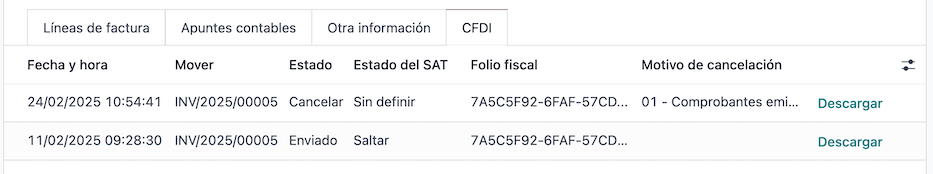 Canceled invoice line item in the CFDI tab.
