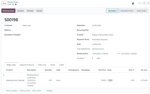 Voorbeeld van een ingevulde huuropdracht beschikbaar in de Odoo Verhuur applicatie.