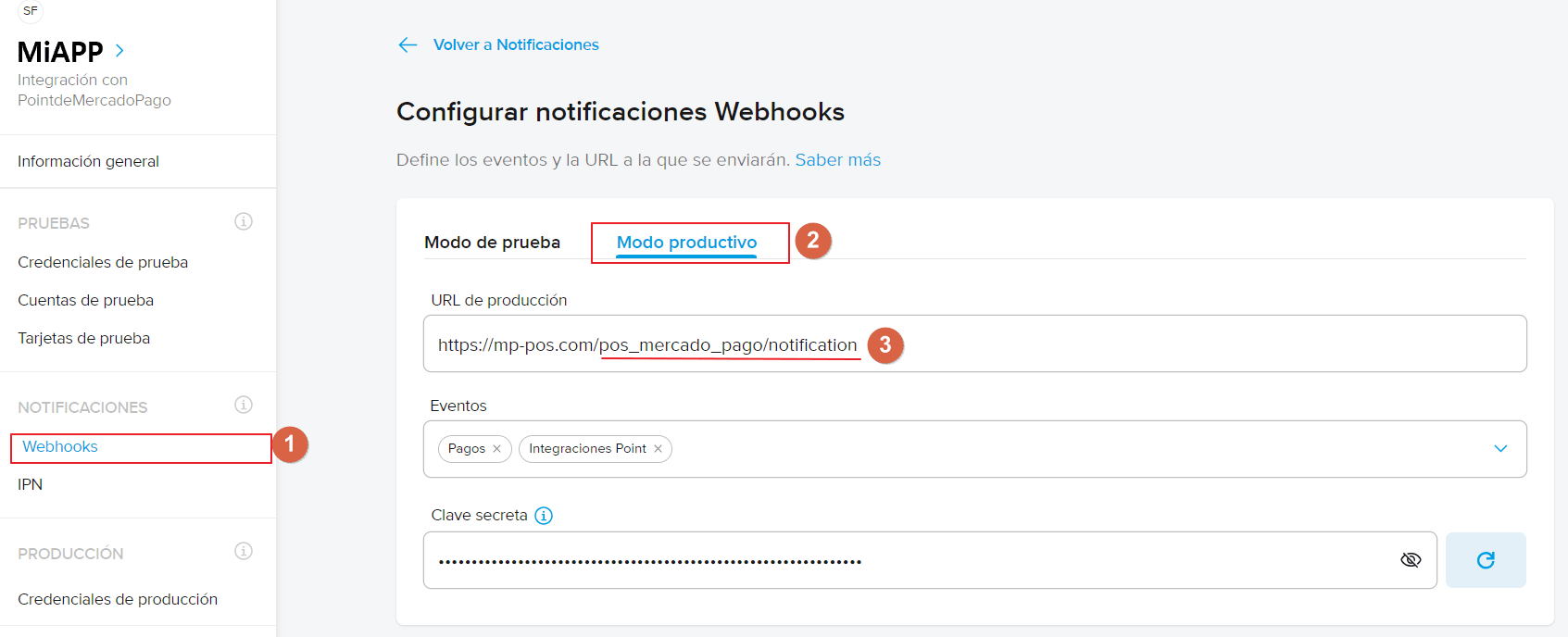 Webhooks configuratie op Mercado Pago.