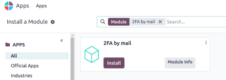 O módulo 2FA por e-mail no diretório Aplicativos.