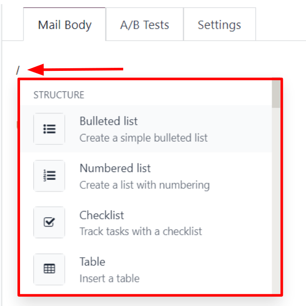 Visualização do menu suspenso do editor de rich text no aplicativo Odoo Email Marketing.