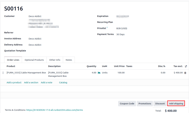 Afișați butonul „Adăugați livrare” pe cotație.