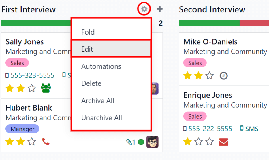 Pictograma roată care apare atunci când treceți mouse-ul peste numele unei coloane și meniul derulant se afișează la clic.